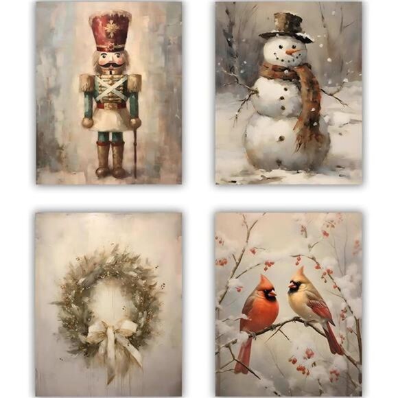Wall Art Decor Christmas Antique Impressionist Oil painting Style Set of 4 print - Picture 1 of 6